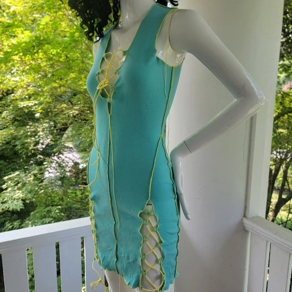 Sleeveless Aqua Lace-Up Bodycon Dress S